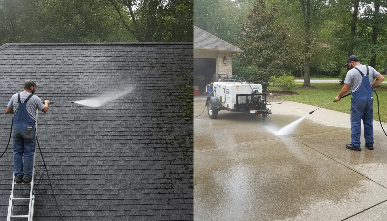 Professional image comparing soft wash vs pressure wash for Clearwater homes by Clearwater Power Washing